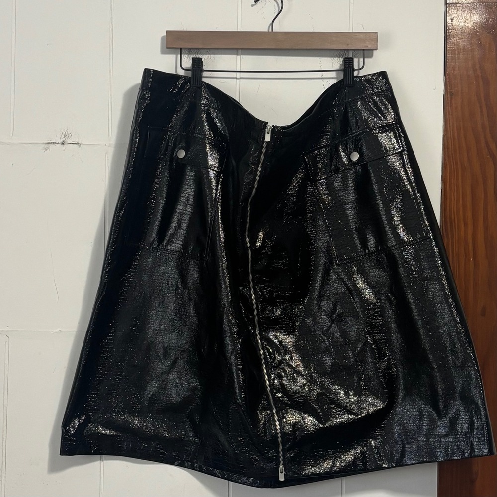 Eloquii Elements Black Patent Faux Leather Zipper Front A-Line Skirt 26W